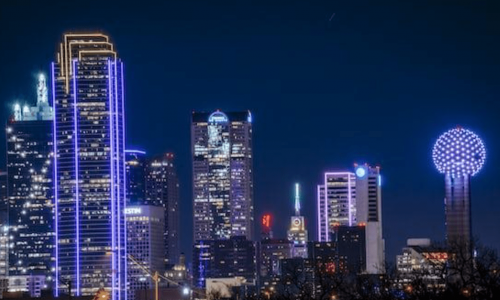 wide view of downtown Dallas at night