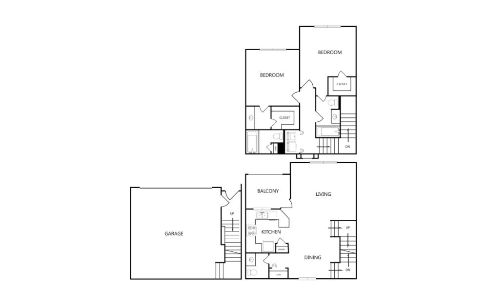 Townhome 1 - 2 bedroom floorplan layout with 2 baths and 1189 square feet. (2D)